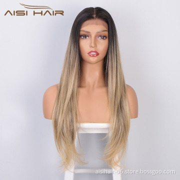 Aisi Hair High Quality 13x6 Long Silky Straight Wig Ombre Blonde Swiss Lace Wig Synthetic Hair Lace Front Wigs For Black Women